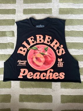 Justin Bieber Peaches Graphic Crop Tank - Black with Peach Print